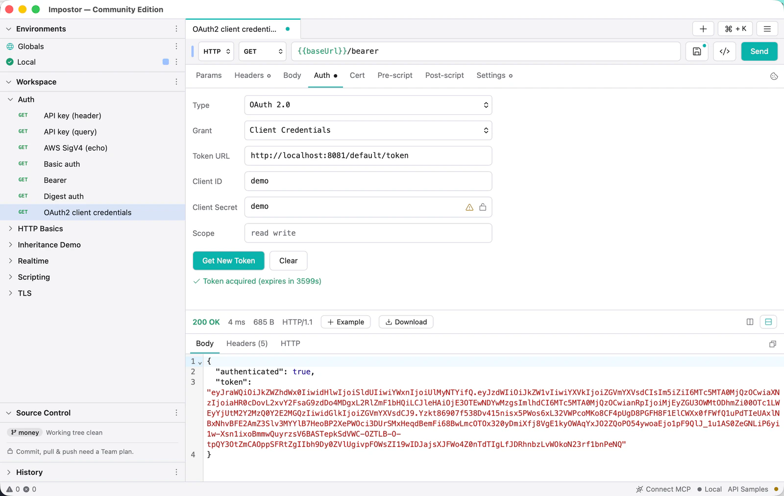 The Auth tab with OAuth 2.0 client credentials configured, and a confirmation that a token was acquired.