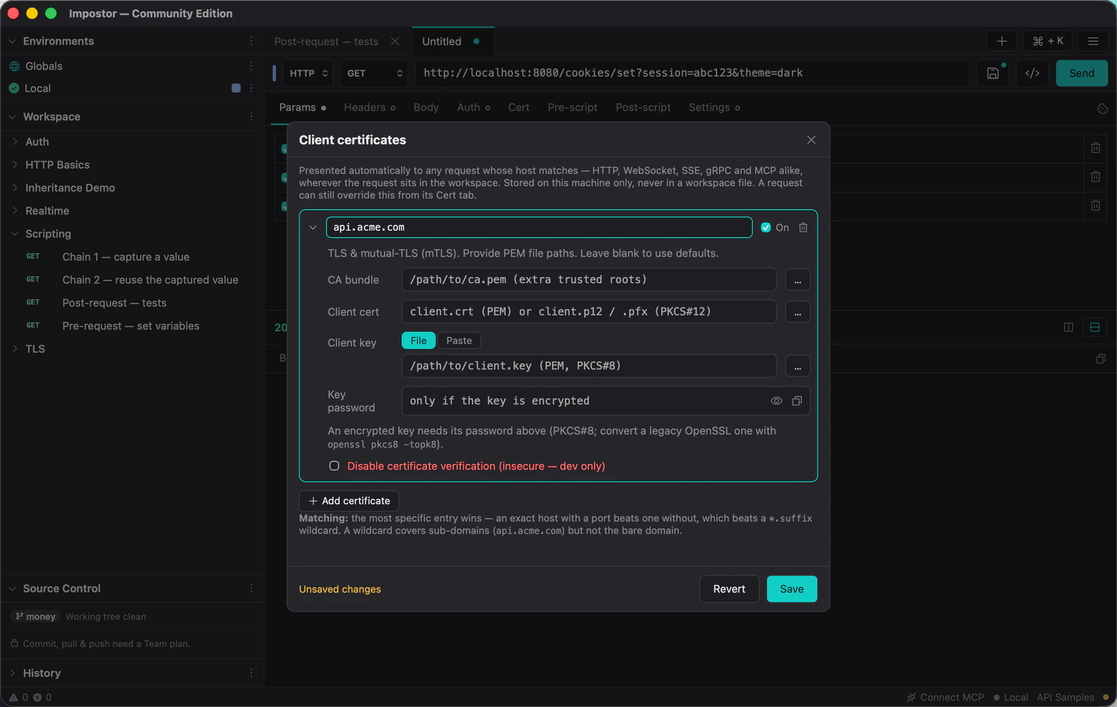 The client certificates dialog with a host pattern entered and fields for CA bundle, client certificate and key.