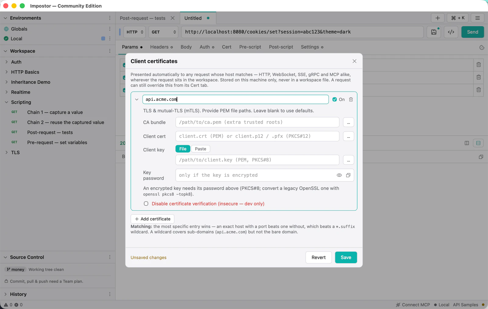The client certificates dialog with a host pattern entered and fields for CA bundle, client certificate and key.