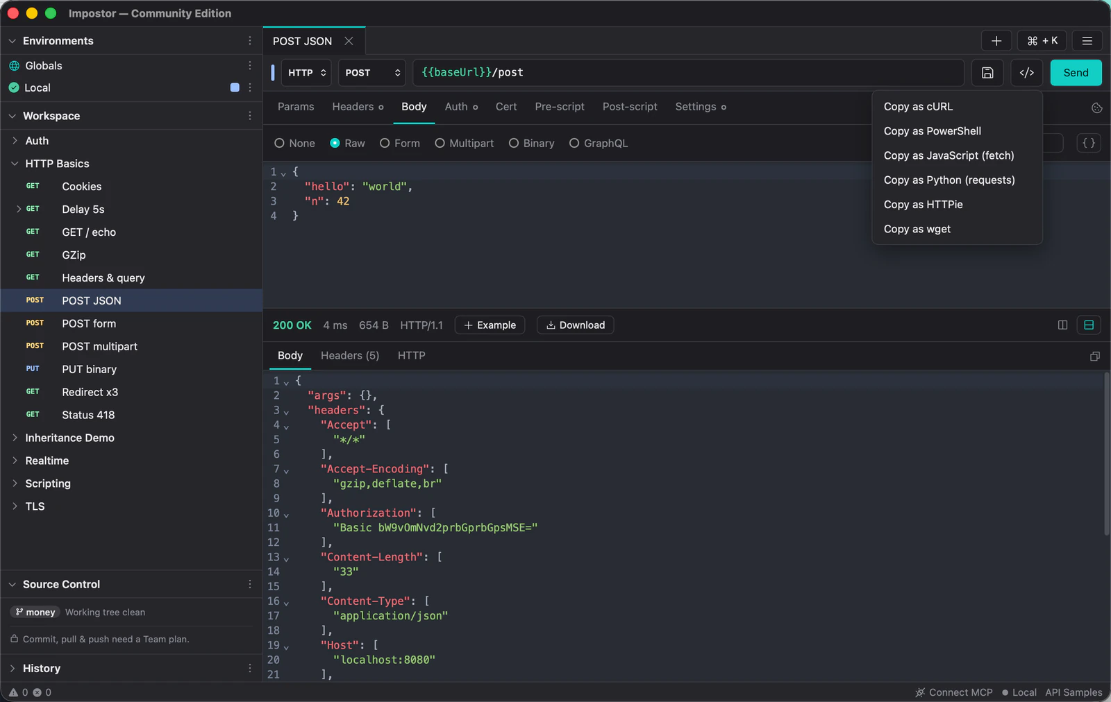 The code menu open beside the Send button, offering copy as cURL, PowerShell, JavaScript, Python, HTTPie and wget.