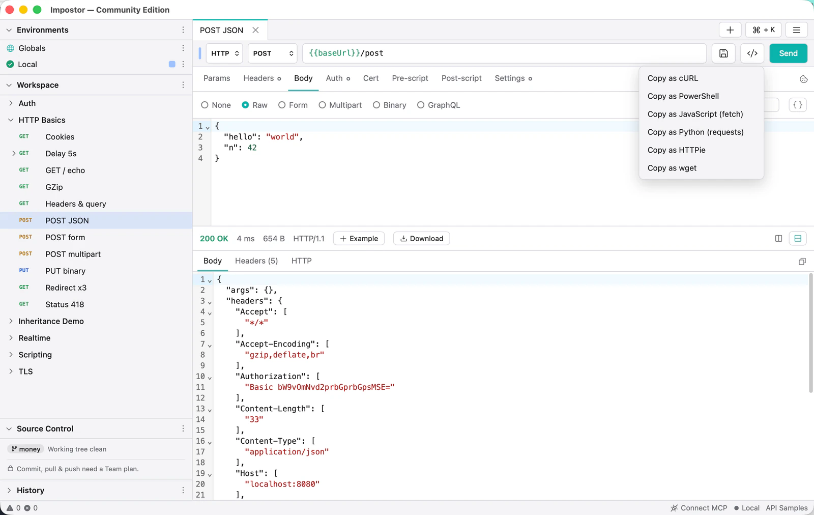 The code menu open beside the Send button, offering copy as cURL, PowerShell, JavaScript, Python, HTTPie and wget.