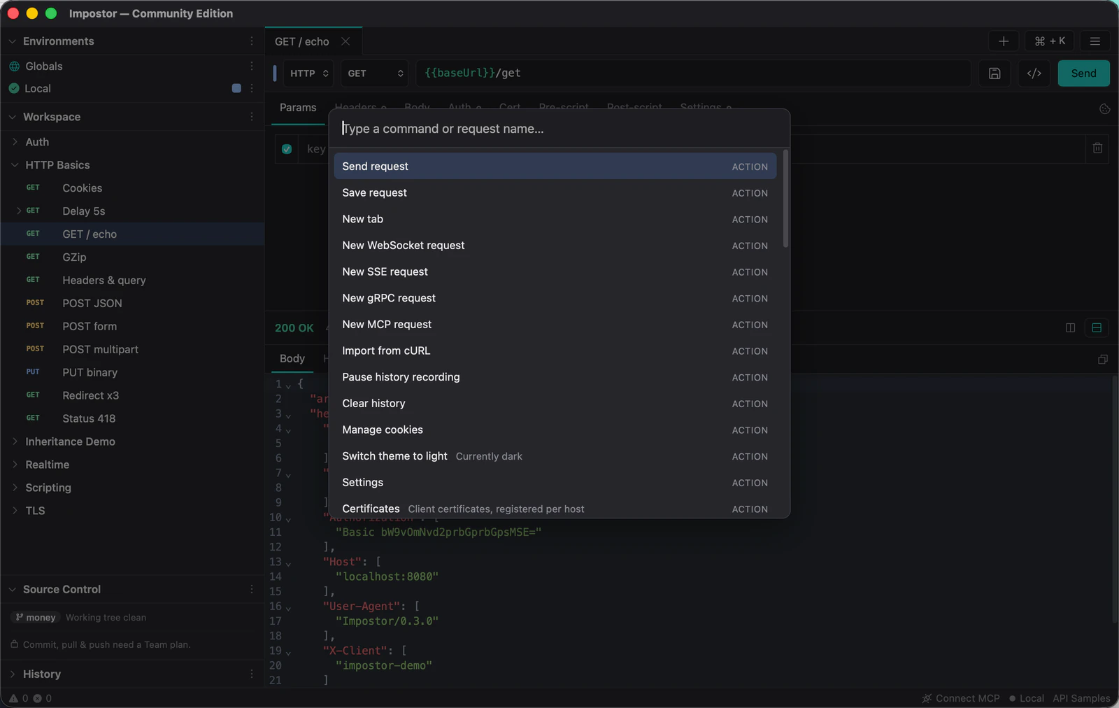 The command palette open over the app, listing actions such as Send request, New tab and Switch theme.