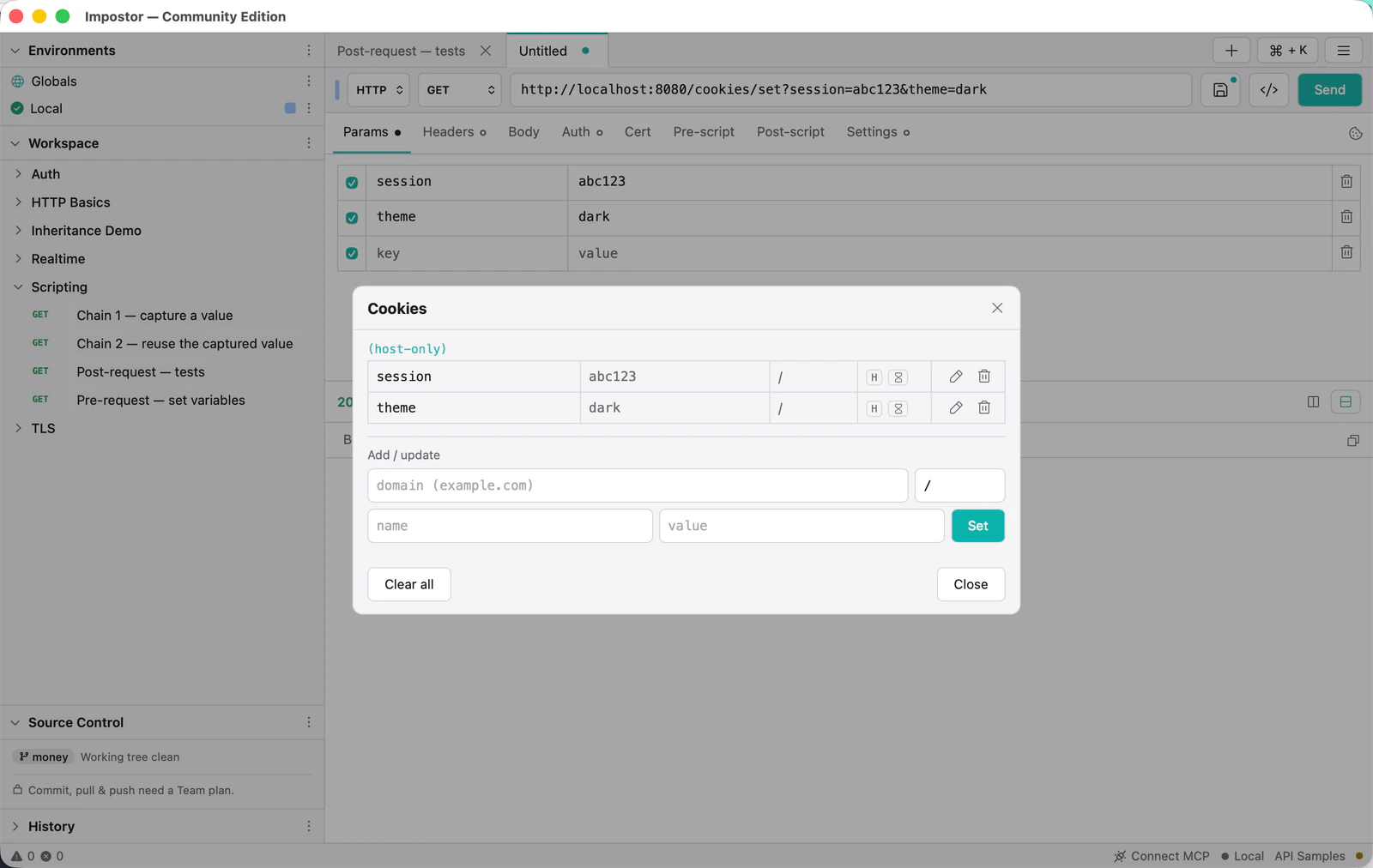 The Cookies dialog listing two host-only cookies with their domain and path, above a form for adding one by hand.