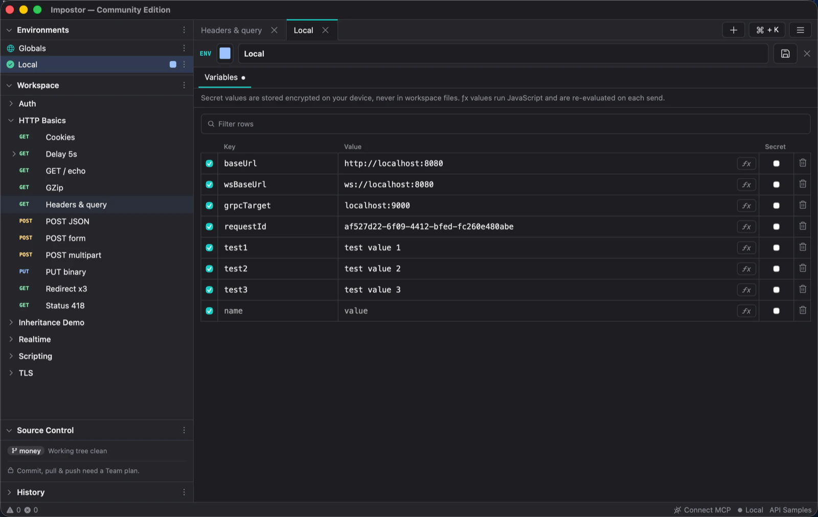 The environment editor for an environment named Local, listing variables such as baseUrl and grpcTarget with Secret toggles.