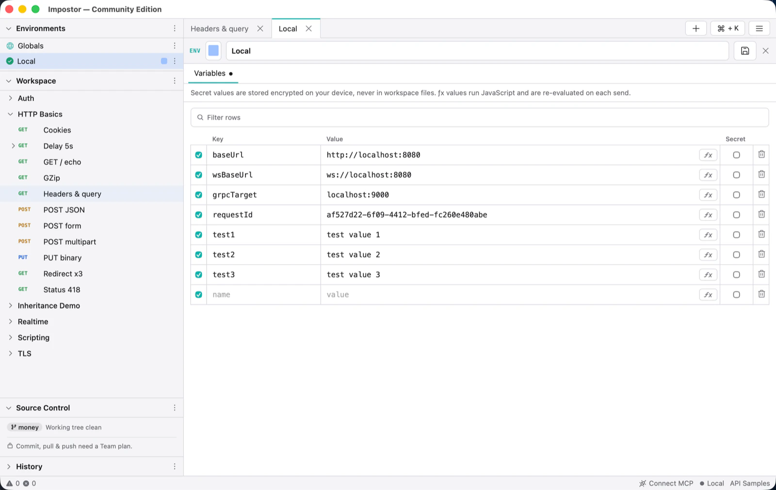The environment editor for an environment named Local, listing variables such as baseUrl and grpcTarget with Secret toggles.