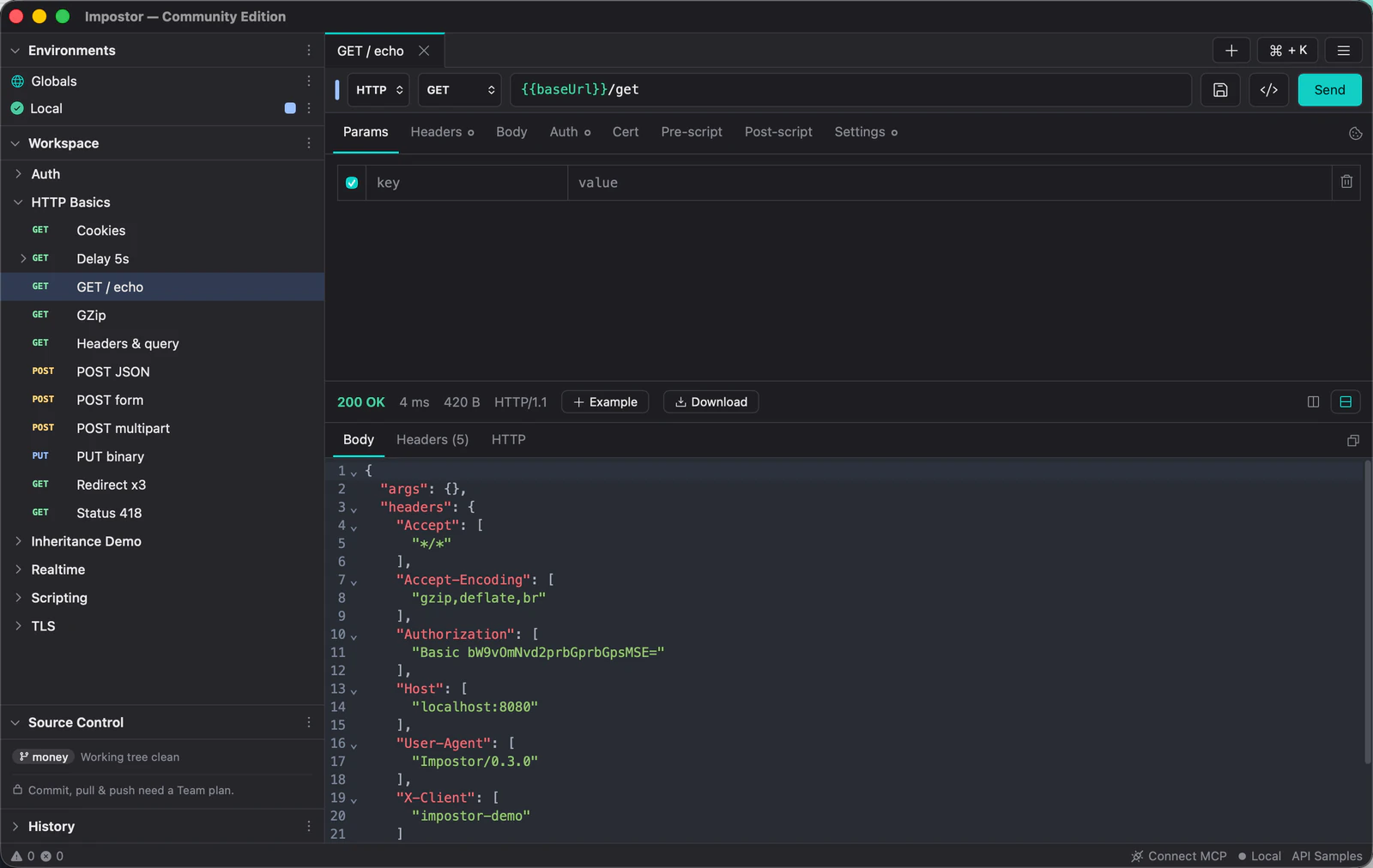 A GET request to the workspace base URL with a 200 OK response showing pretty-printed JSON, timing and size.
