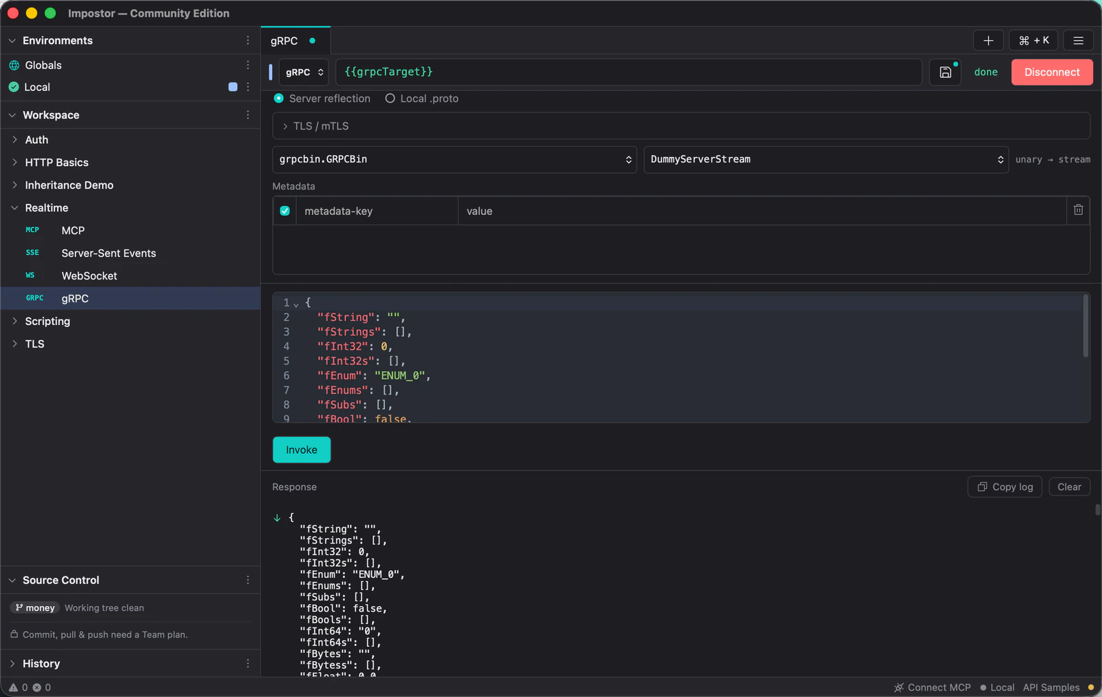 A gRPC request after server reflection, with the service and method selected, a JSON message editor and streamed responses.