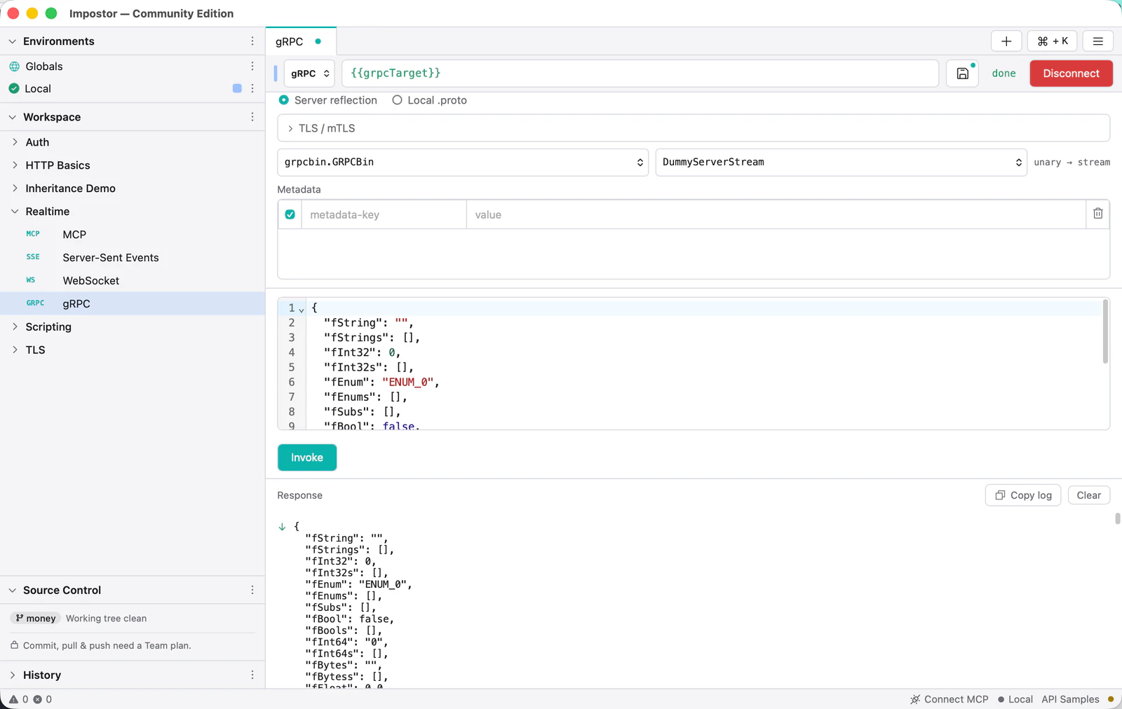 A gRPC request after server reflection, with the service and method selected, a JSON message editor and streamed responses.