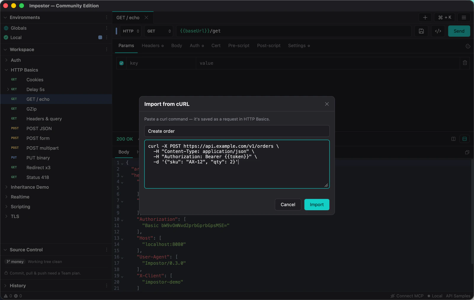 The Import from cURL dialog with a multi-line curl command pasted in and a request name filled out.