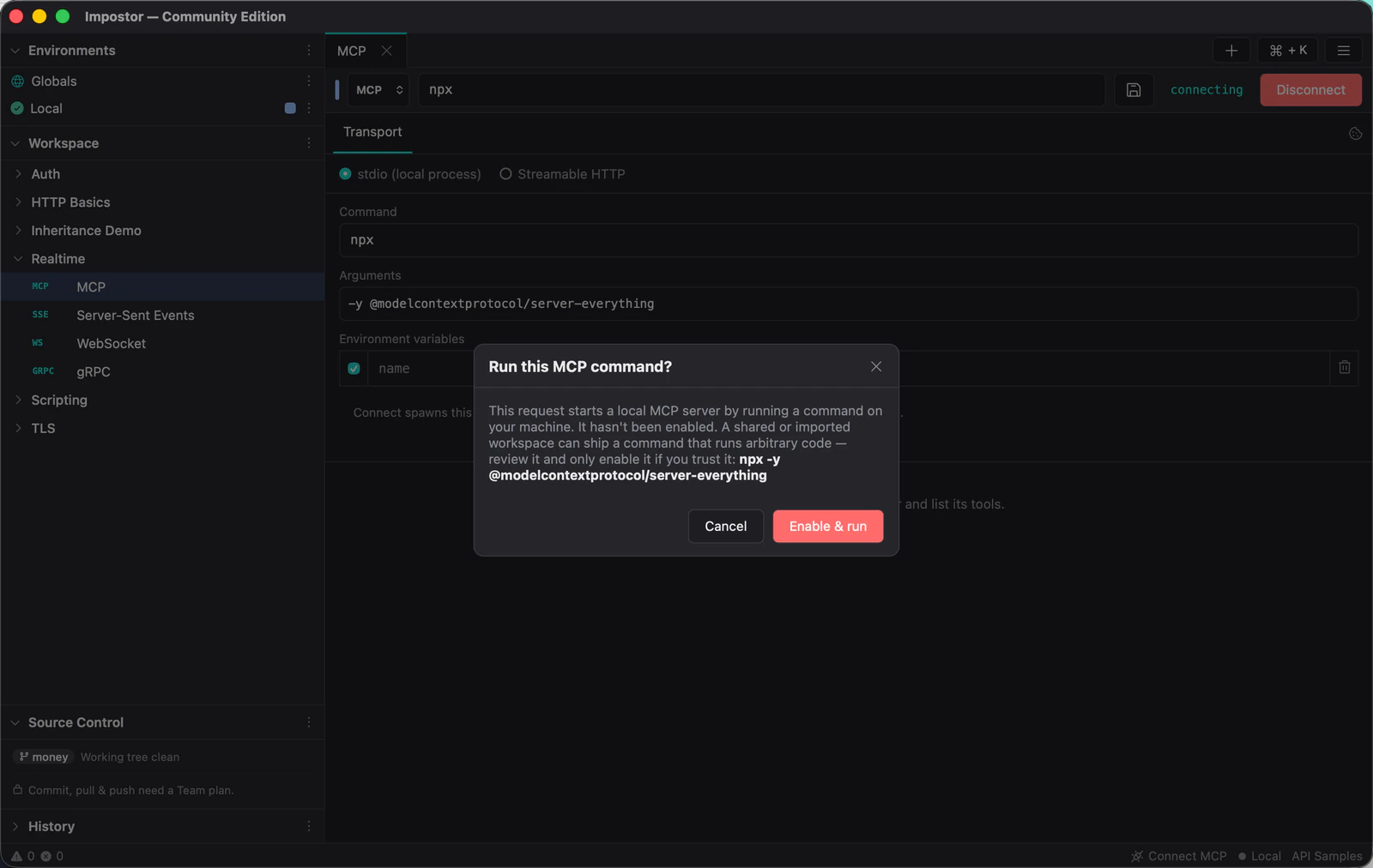A confirmation dialog asking whether to run an MCP command, showing the exact command and requiring explicit approval.