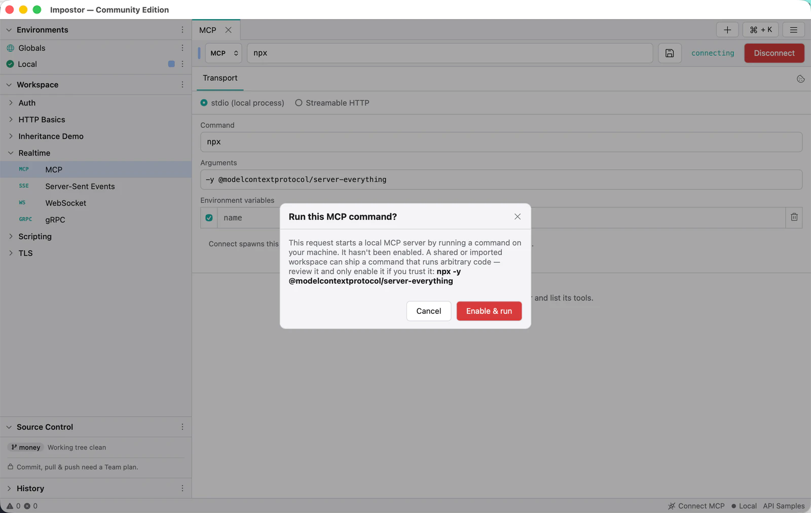 A confirmation dialog asking whether to run an MCP command, showing the exact command and requiring explicit approval.