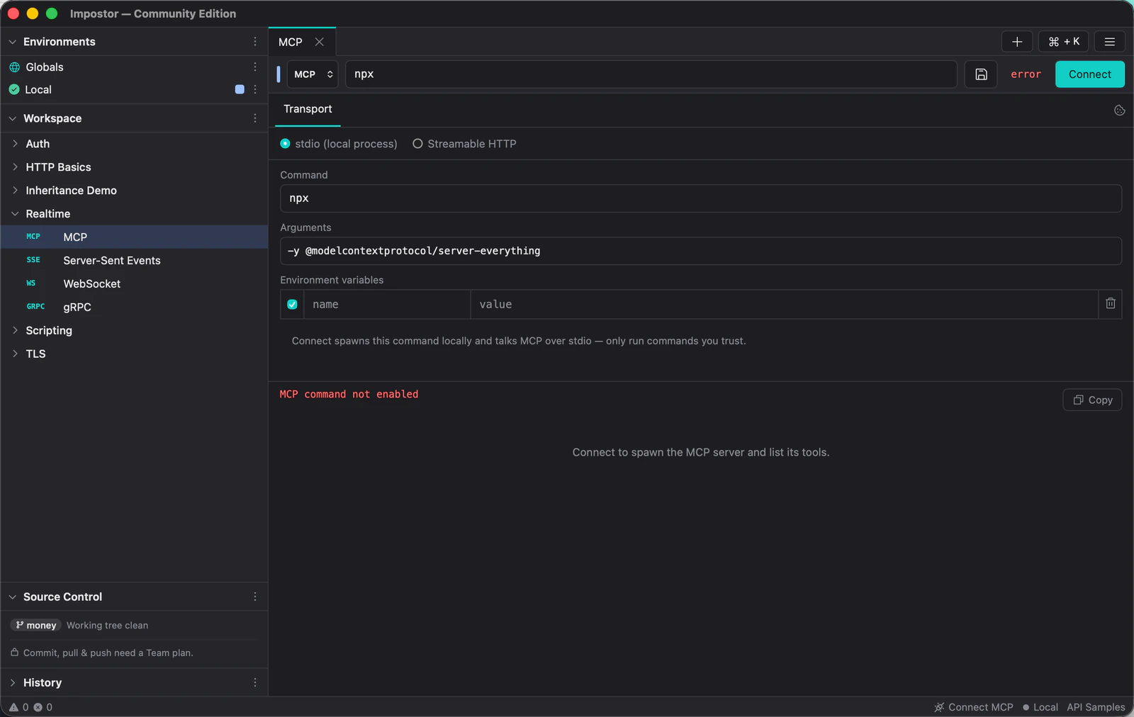 An MCP request configured for the stdio transport, with the command and arguments that spawn a local server.