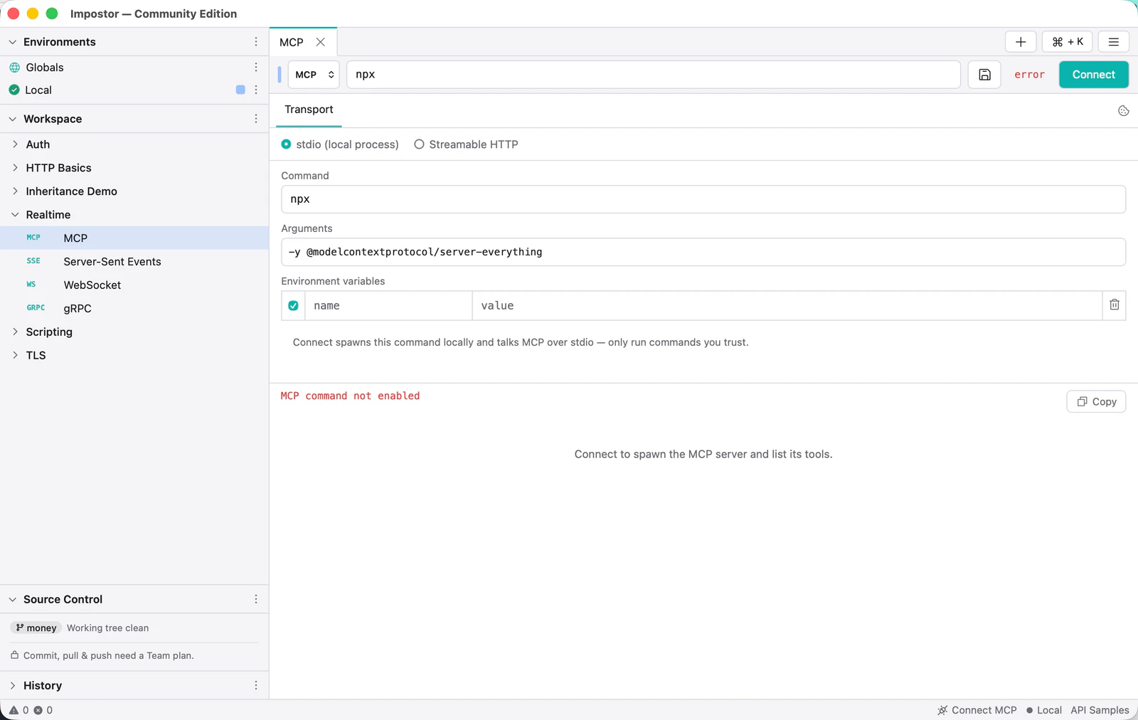 An MCP request configured for the stdio transport, with the command and arguments that spawn a local server.
