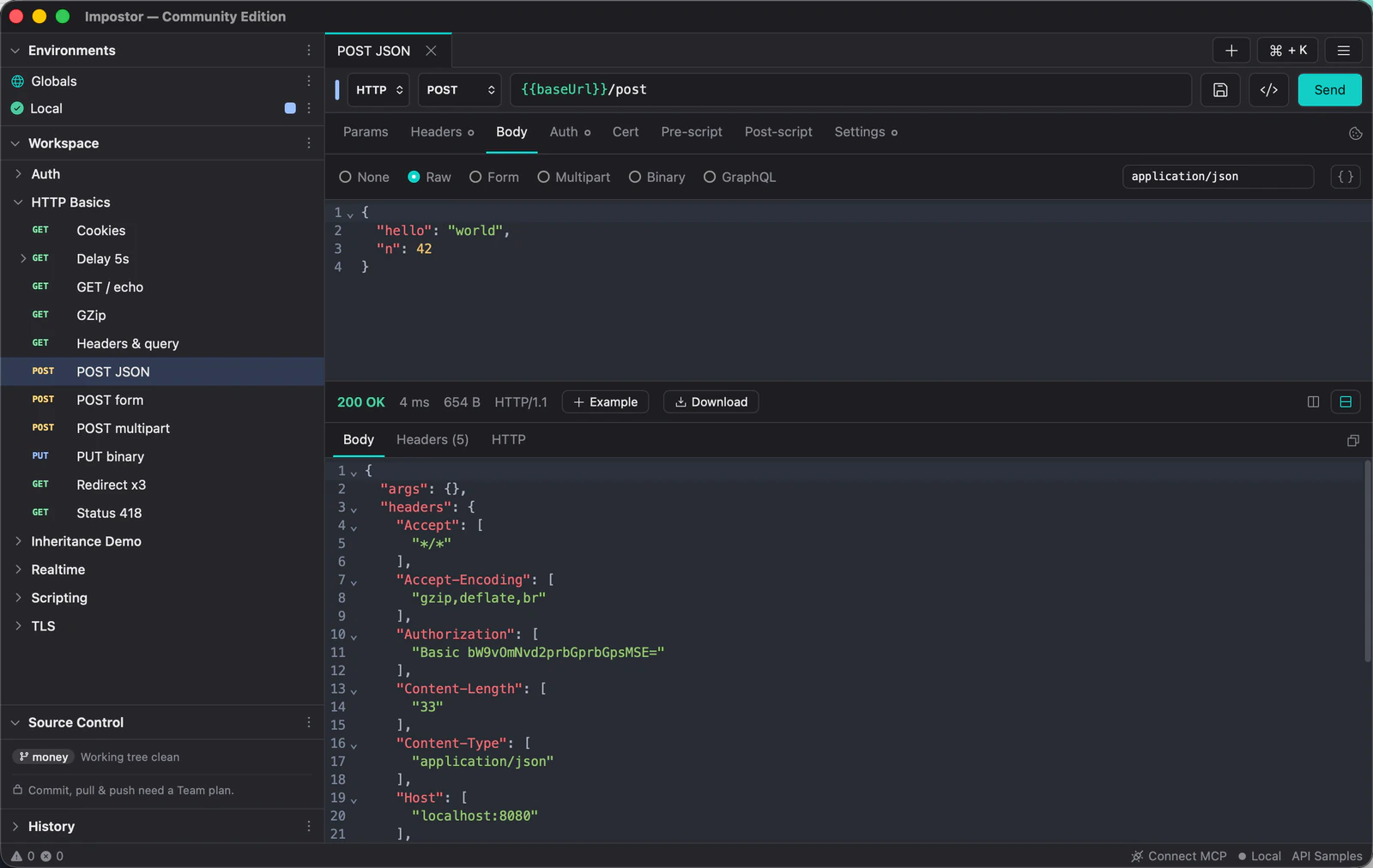 The Impostor main window: workspace tree on the left, a POST request with a JSON body in the middle, and the pretty-printed 200 OK response below it.
