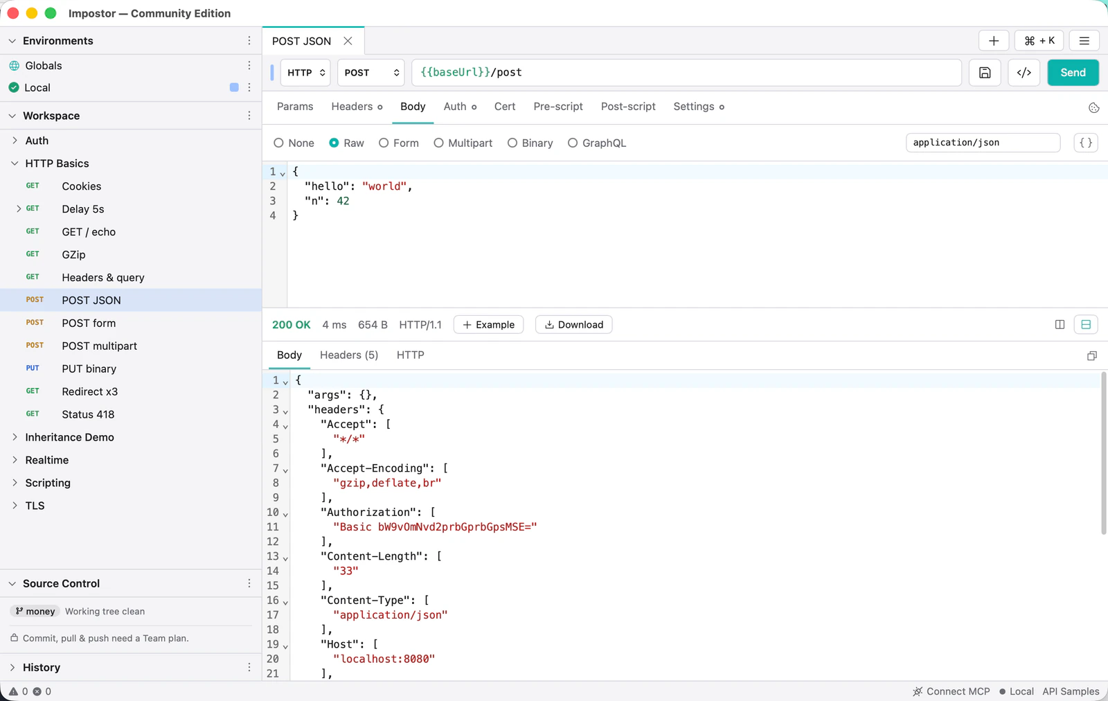 The Impostor main window: workspace tree on the left, a POST request with a JSON body in the middle, and the pretty-printed 200 OK response below it.