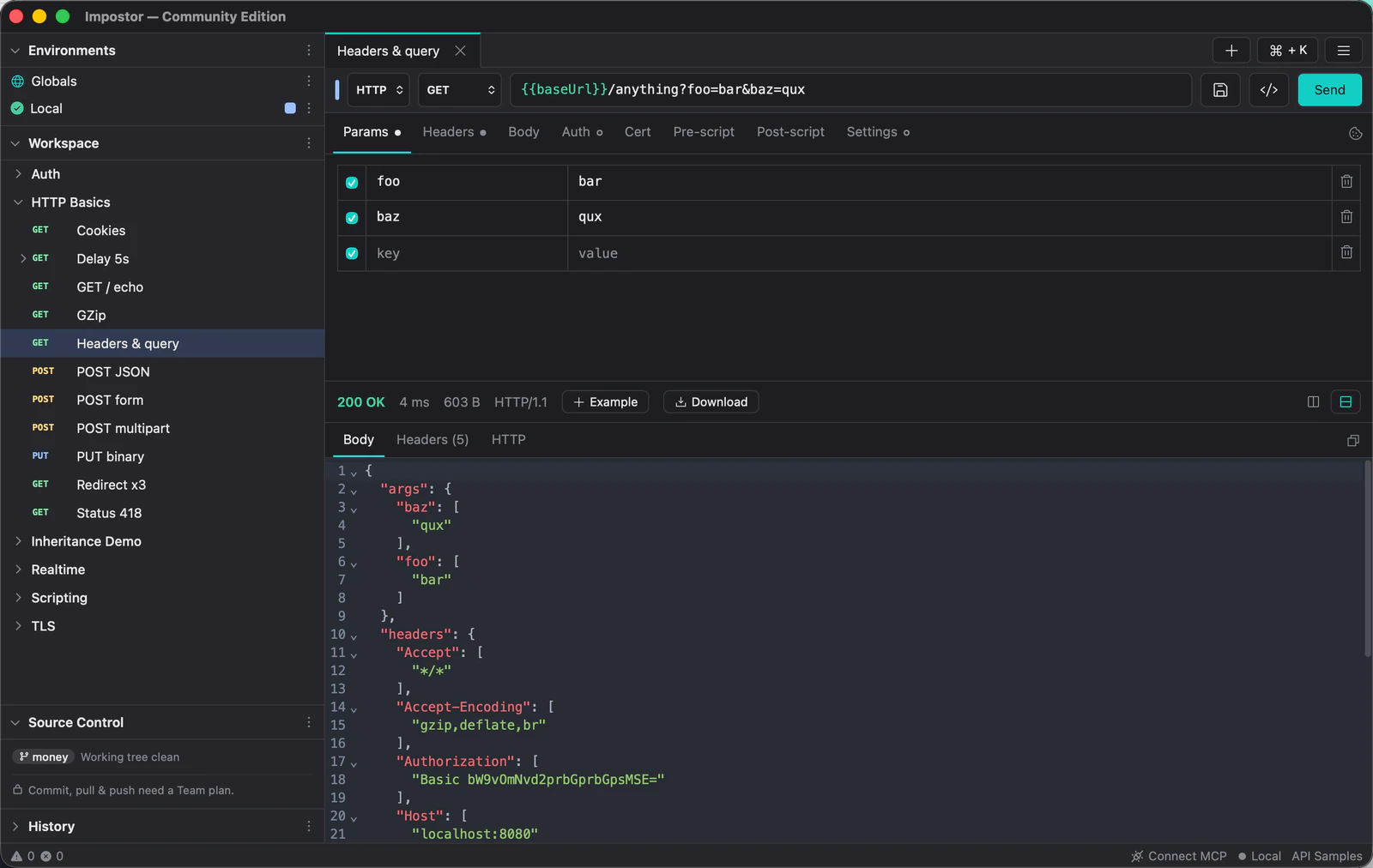 The Params tab of a request, listing foo=bar and baz=qux as editable rows, above the JSON response.