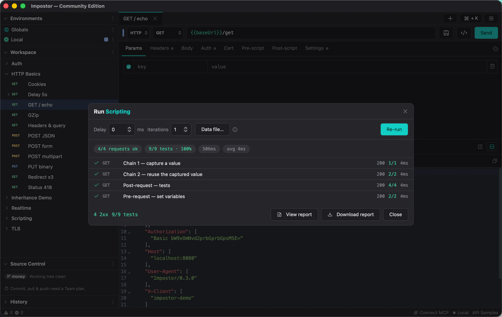 The collection runner after a run, showing four requests passed, nine of nine tests passing, and per-request timings.