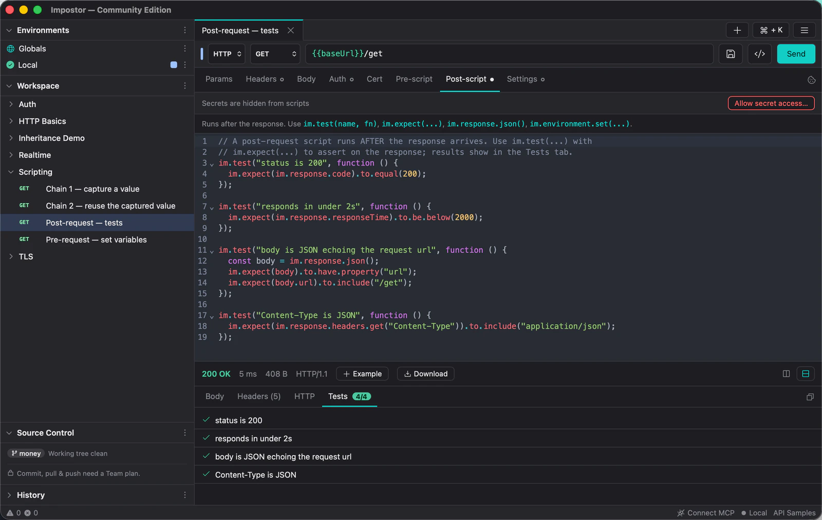 A post-request script using im.test and im.expect, with the response pane's Tests tab showing four passing assertions.