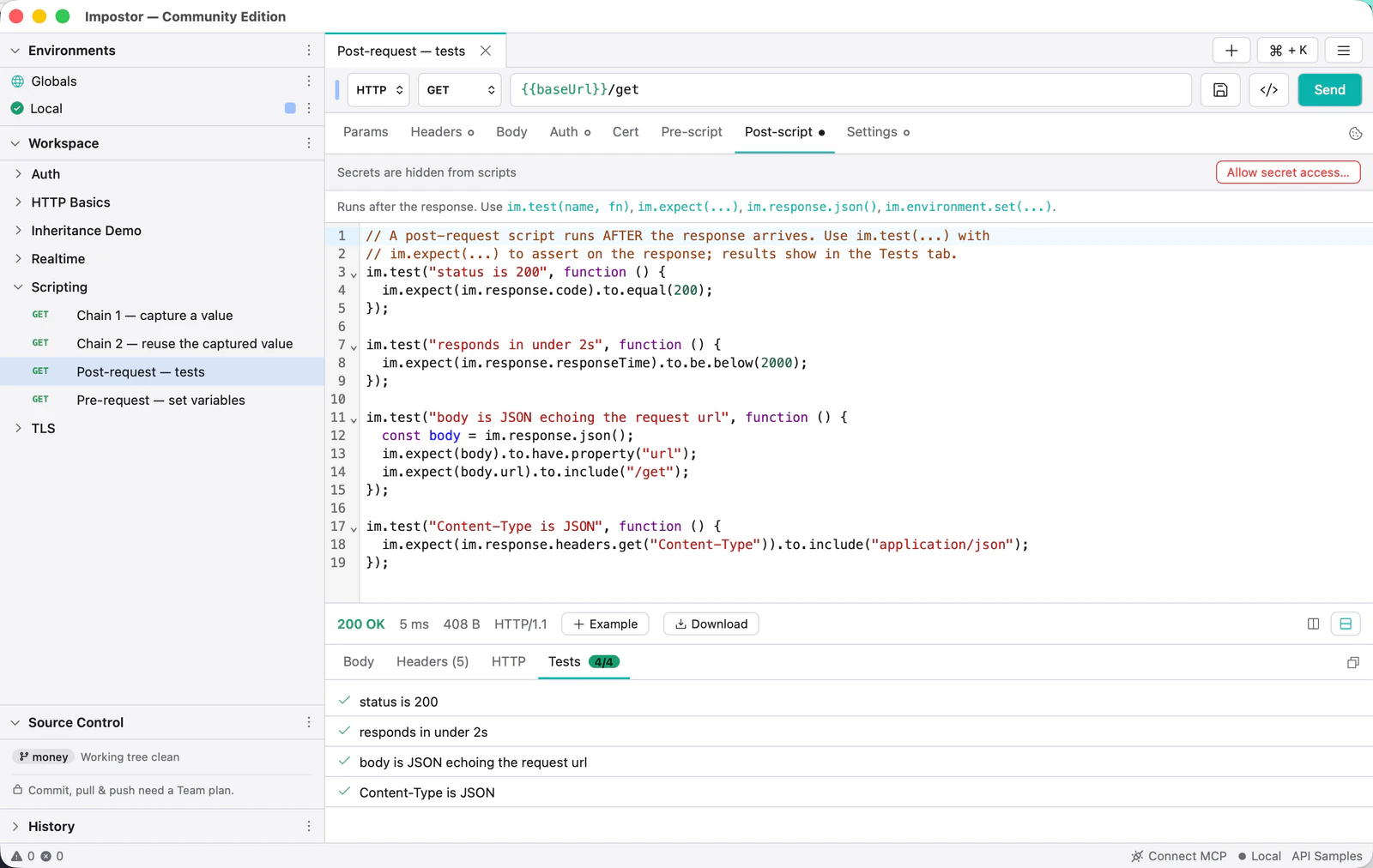 A post-request script using im.test and im.expect, with the response pane's Tests tab showing four passing assertions.