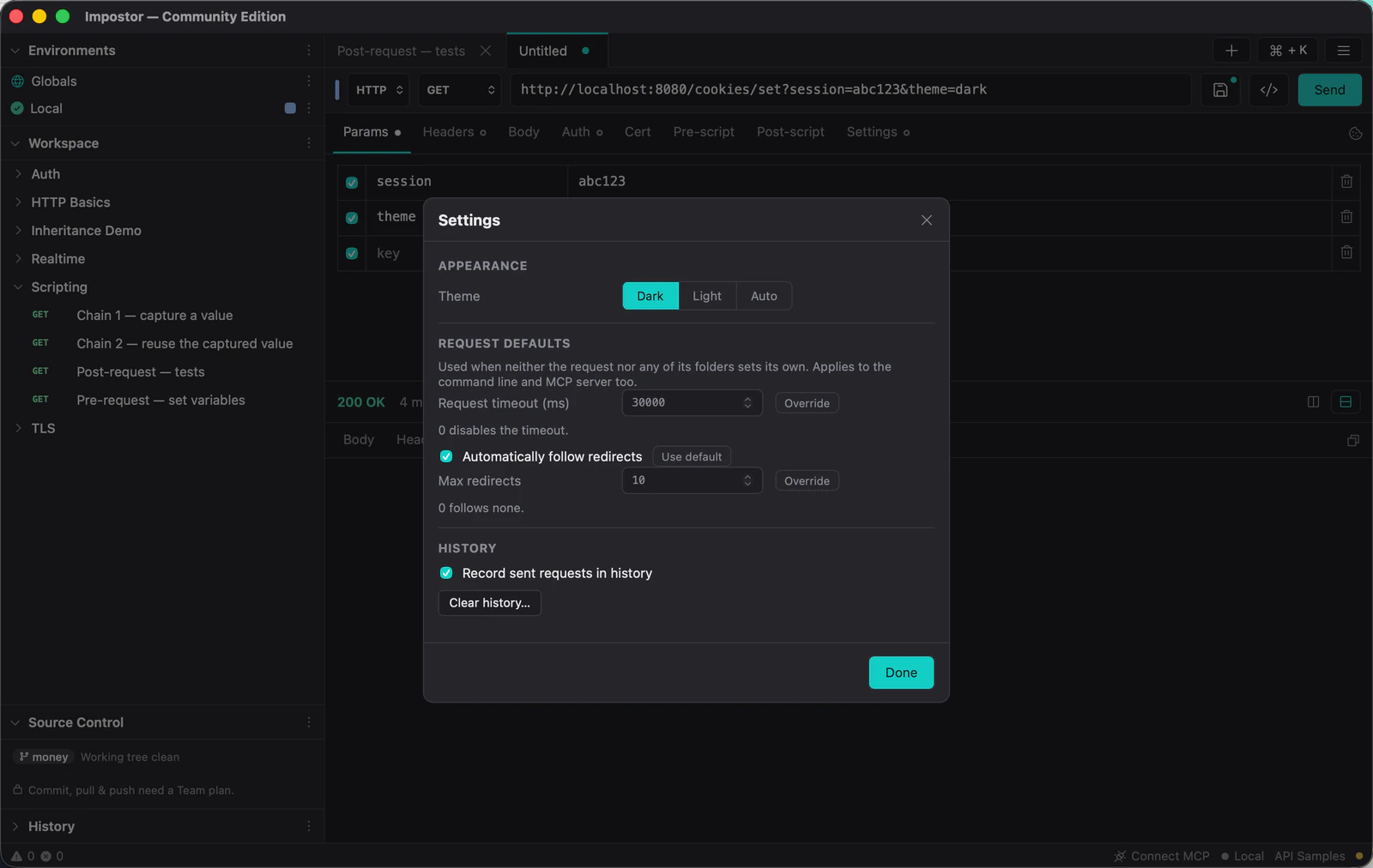 The Settings dialog showing appearance, request defaults for timeout and redirect following, and history options.