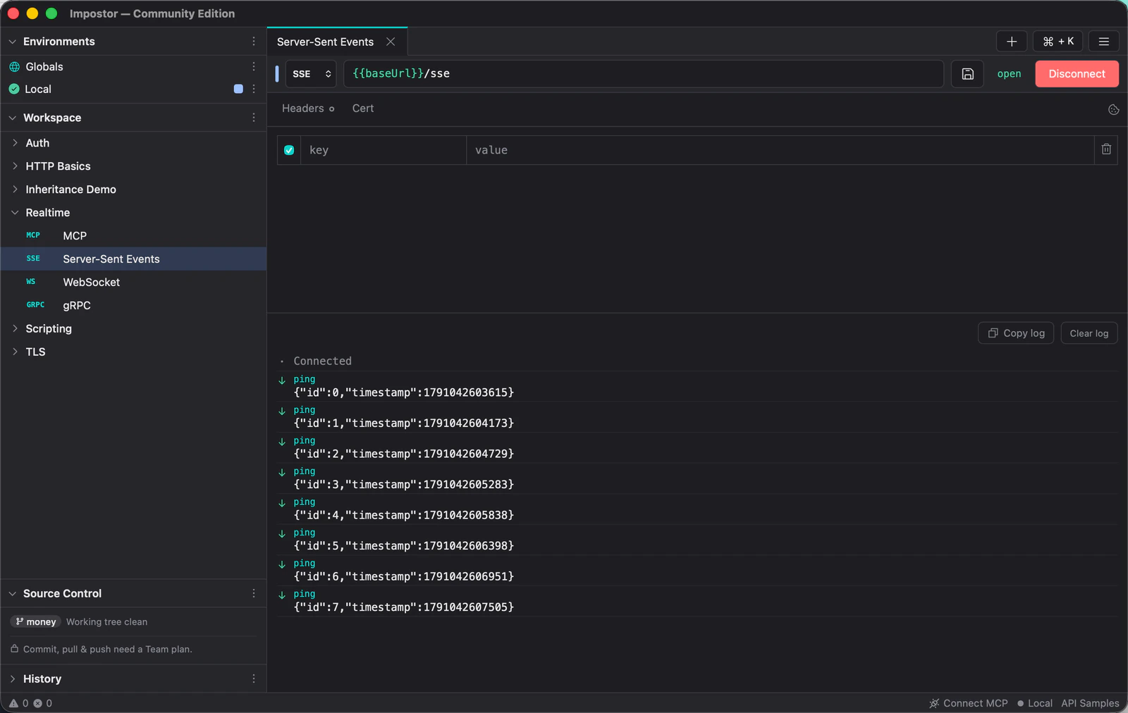 A connected SSE request with a list of parsed ping events, each showing its JSON data payload.