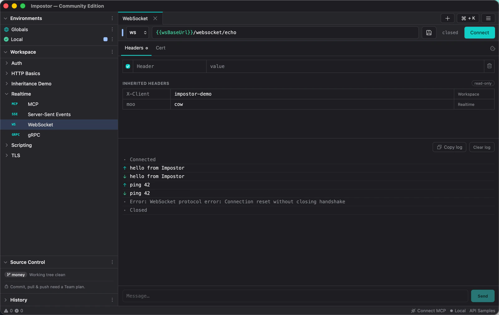 A connected WebSocket session showing sent and received frames in a log, with a message composer at the bottom.